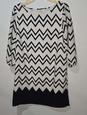 Pink Owl Black & White Chevron 3/4 Sleeve Shift Dress